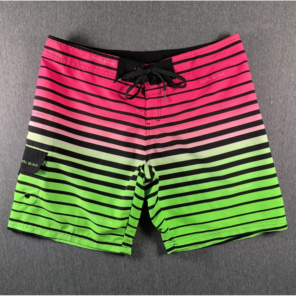 Body Glove Neon Green Pink Striped Retro Swim Trunks Boardshorts Size M 32-34"